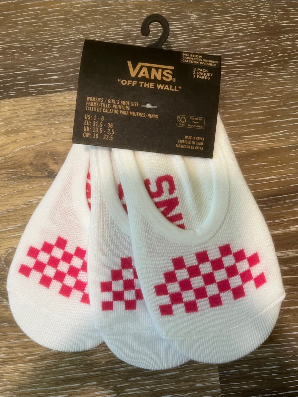 Vans White No-Show Socks with Pink Checker Accent